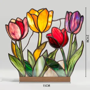 Stained glass style tulip acrylic desktop ornament with wooden base, vibrant floral home decor.