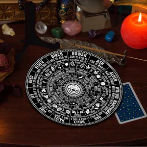 Detailed view of the Wheel of the Year wooden plaque calendar, perfect for desktop occult decor.