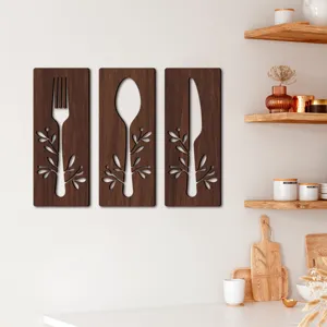 Ensemble d'art mural de cuisine en bois 3pcs fourchette cuillère couteau décoration suspendue.