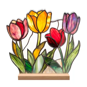 Acrylic tulip stained glass desktop decoration detail, vibrant floral home decor ornament.