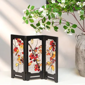 Vintage glass tabletop folding screen with red berries motif for home desk decor.