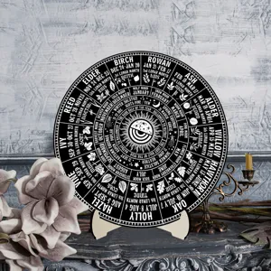 Wheel of the Year wooden calendar plaque witch altar decor moon phases astrology display.