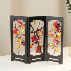 Vintage stained glass miniature folding screen desktop ornament with autumn red berry leaf design.