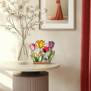 Acrylic tulip tabletop ornament with wood base, colorful stained glass style home decor detail.