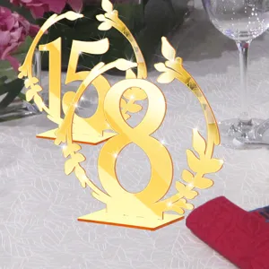 Numéros de table de mariage en acrylique doré effet miroir, élégant anneau floral décor
