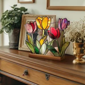 Stained glass style acrylic tulip desktop ornament, colorful floral home decor piece.