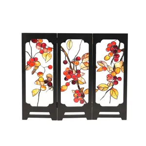 Tabletop vintage stained glass screen ornament, decorative retro folding divider for home desk decor.