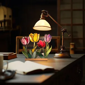 Stained glass style tulip acrylic desktop ornament with wooden base for home room decor.