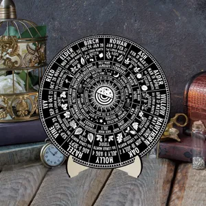 Detailed view of the wooden Wheel of the Year calendar plaque, perfect pagan desktop decor.