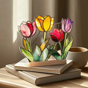 Stained glass style acrylic tulip table ornament, home decor flower desktop decoration.