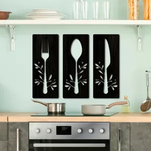 Set de decoration murale de cuisine en bois, plaques suspendues fourchette cuillere couteau.