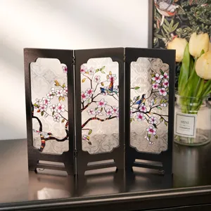 Vintage mini glass folding screen tabletop decoration craft ornament for home office room.