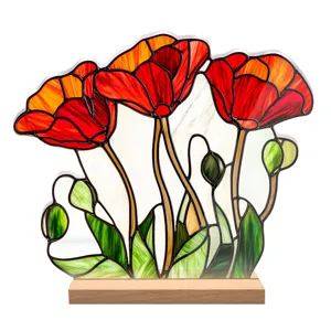 Stained glass style poppy acrylic desktop ornament detail view, vibrant floral home decor piece.