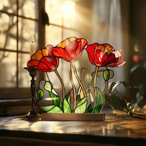 Stained glass style poppy flower acrylic tabletop ornament with wood base for home decor details