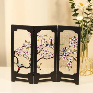 Miniature folding decorative screen, vintage style tabletop ornament with floral bird art.