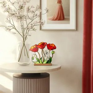 Stained glass style poppy flower acrylic desktop ornament with wooden base for home decor.