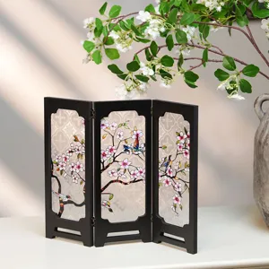Mini folding screen with vintage bird and flower glass pattern, ideal for tabletop home decor.