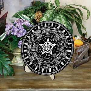 Wheel of the Year pagan calendar wooden plaque desk decor wicca altar witchcraft detail view