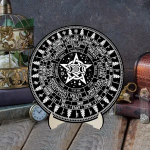 Wheel of the Year wooden calendar plaque, pagan wiccan altar decor table ornament display.