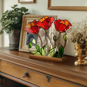 Stained glass style poppy flower acrylic desktop ornament detail view for home decor.
