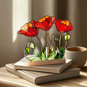 Stained glass style acrylic poppy flower ornament desktop decor detail view with wooden base.