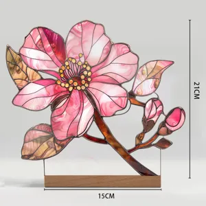 Acrylic Stained Glass Style Floral Desktop Ornament Home Decor Pink Flower with Wood Base