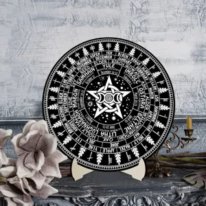 Close-up detail of the Wheel of the Year calendar plaque featuring pentagram and pagan festival symbols.