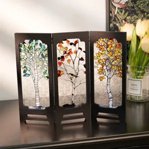 Vintage style three-panel tabletop screen ornament with stained glass tree design for home decor.