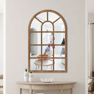Arched window wall mirror detail, wooden frame with clear acrylic reflective surface for decor.