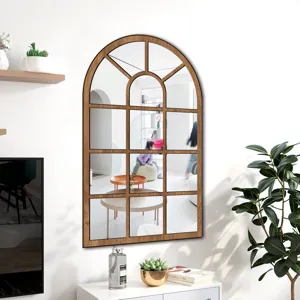 Wooden arched window wall mirror sticker, decorative acrylic mirror for living room and bedroom.
