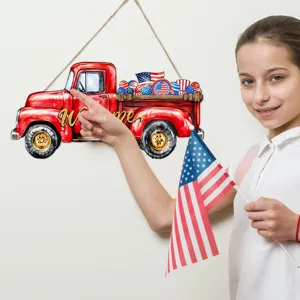 Targa sospesa in legno con camion patriottico e testo di benvenuto per decorazione murale.