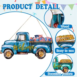 Dettaglio del camion vintage in legno con decoro stagionale appeso e trama naturale.