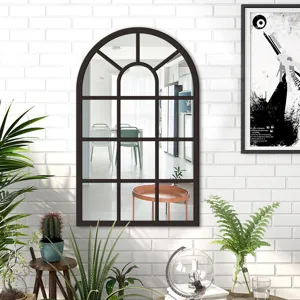 Arch window mirror wall decor, black frame decorative mirror for living room and bedroom.