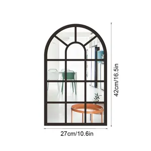 Arch window mirror wall sticker detail showing wooden frame and acrylic reflection effect.