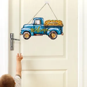 Targa appesa in legno camion blu autunno con girasoli decorazione porta per festival stagionale
