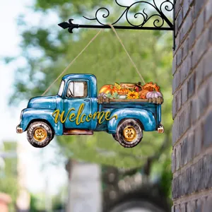 Targa sospesa in legno autunnale camion blu vintage decorazione murale per porta casa