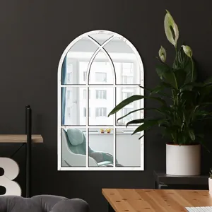 Decorative arched window wall mirror with distressed white frame for home decor living room