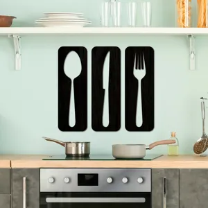 Ensemble d art mural de couverts en bois 3D, cuillère couteau fourchette pour cuisine.