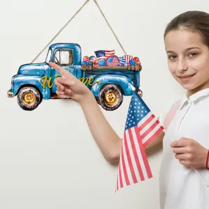 Targa sospesa in legno di camion blu patriottico con bandiere americane per decorazioni.