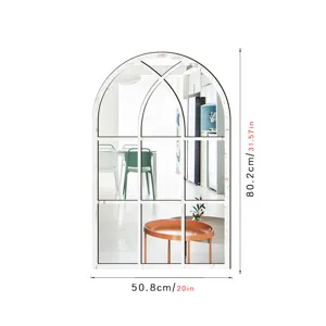 Wooden acrylic arched window wall mirror sticker, vintage rustic wall decor for living room.