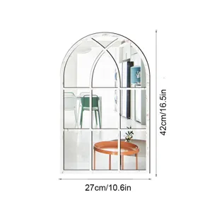 Decorative arched window mirror wall sticker made of wood and acrylic, sized 42x27cm for home decor.