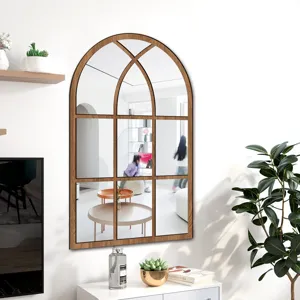 Wooden acrylic mirror wall sticker, arched fake window design for living room bedroom decor.