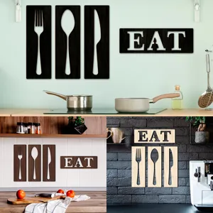 Ensemble de décoration murale en bois couverts et lettres EAT, panneau cuisine en tilleul 5mm.
