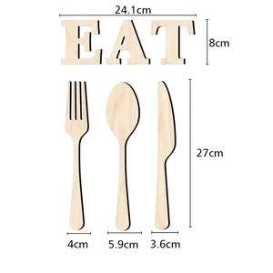 Ensemble de déco murale lettres EAT et couverts en bois de tilleul de 5mm pour cuisine.