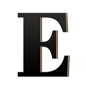 Detailweergave van de zwarte houten acryl 3D letter E muursticker voor wanddecoratie.