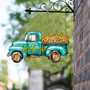 Cartello appendibile in legno rustico camion girasoli testo benvenuto per decorazione casa autunno