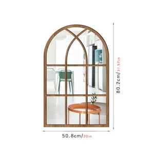 Arch wooden mirror wall sticker, 80x50cm decorative fake window for living room decor.