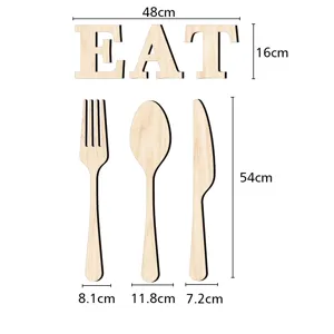 Lettres EAT en bois et couverts décoration murale de cuisine vue détaillée dimensions.