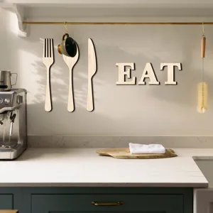3D art mural en bois coutellerie et lettres EAT, panneau suspendu de fond de cuisine.