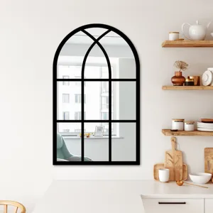 Arch window wall mirror detail, black frame decorative mirror sticker for room interior design.
